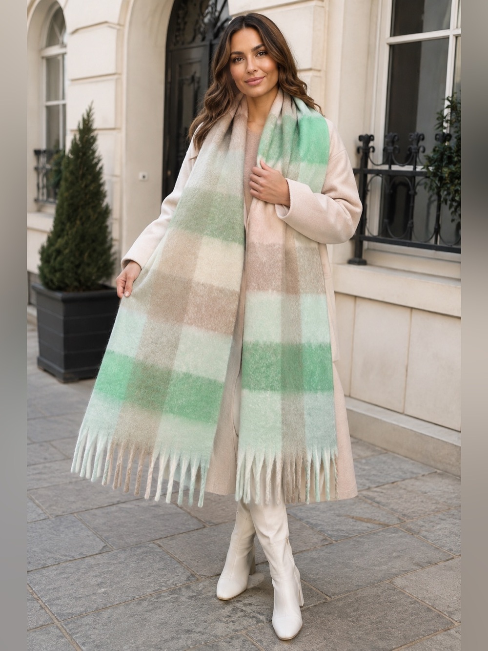White & Mint Mohair Scarf Soft Fuzzy Winter Wrap 210x40 cm / 82x16 in Brand New